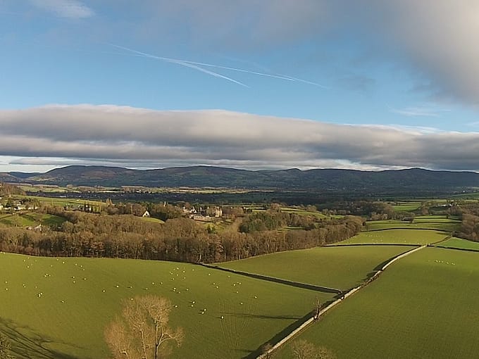 Ariel image showing beautiful countryside surrounding the historic town of Denbigh in the LL16 post code